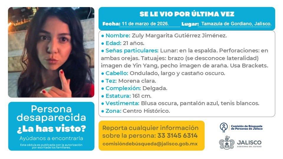 #Desaparecida #Jalisco Si tienes información llama al 3331456314 o contacta a <a href="/BusquedaJal/">Comisión de Búsqueda de Personas de Jalisco</a>