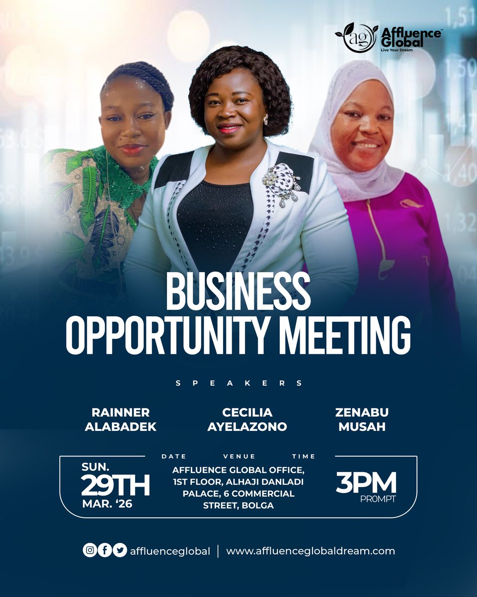 AffluenceGloba's tweet image. 🌟Join us this Sunday for a powerful Business Opportunity Meeting with Affluence Global. Discover how to create wealth, achieve financial freedom, and live your dream. 🚀

📅 Date: Sunday, March 29th
🕒 Time: 3:00 PM
📍 Venue: AG Office, Bolga

#AffluenceGlobal
#WealthCreation