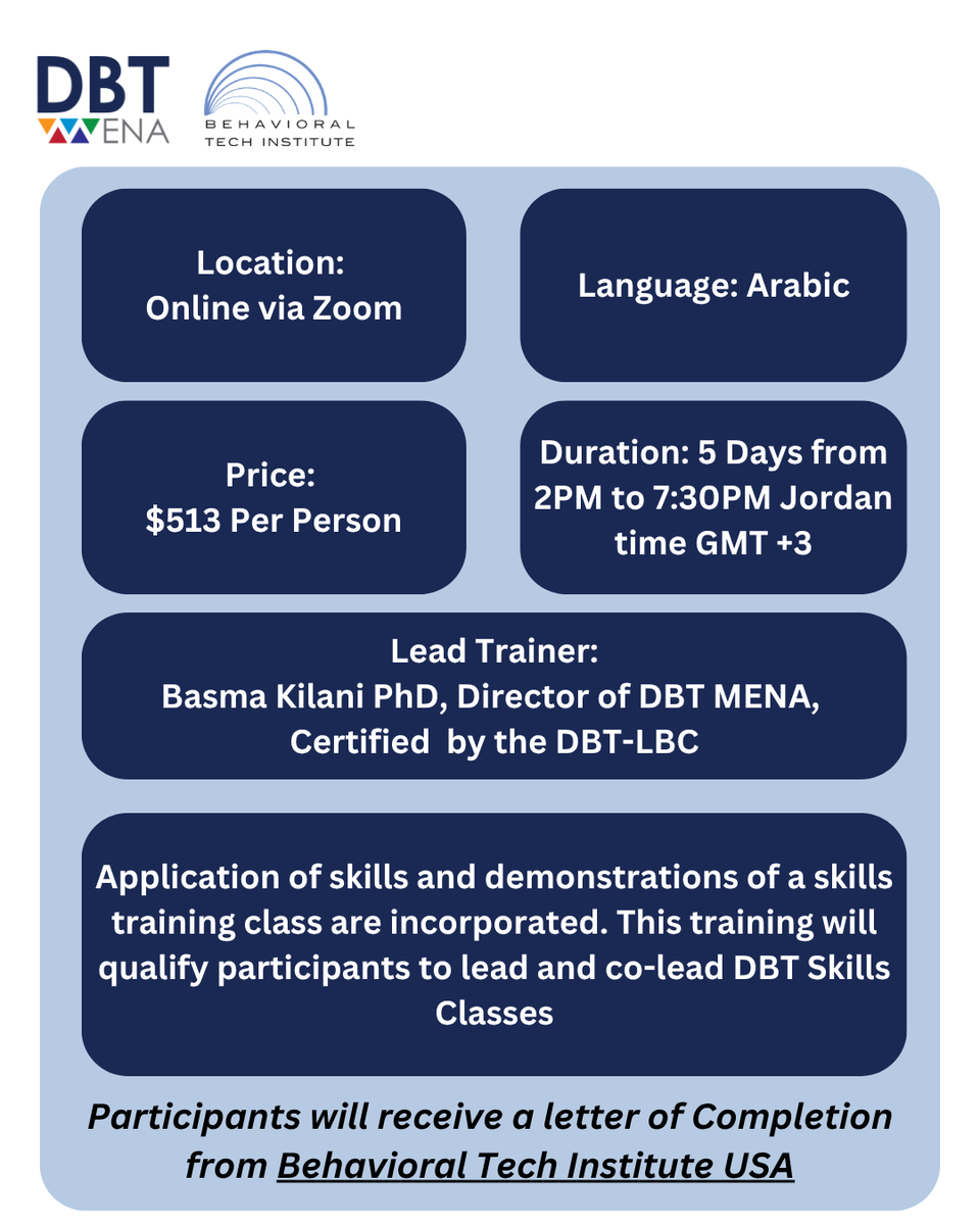 DbtMena's tweet photo. Final Chance to Secure your Spot in the DBT Skills Fundamentals Training!
📷April 5th-9th, 2026.
Participants will receive a letter of completion from Behavioral Tech Institute.
Phone Number: 00962795796712
Email: info@dbt-mena.com
📷Registration Link:
https://t.co/BsI0kjNCxJ https://t.co/AaFpXtL3Ss
