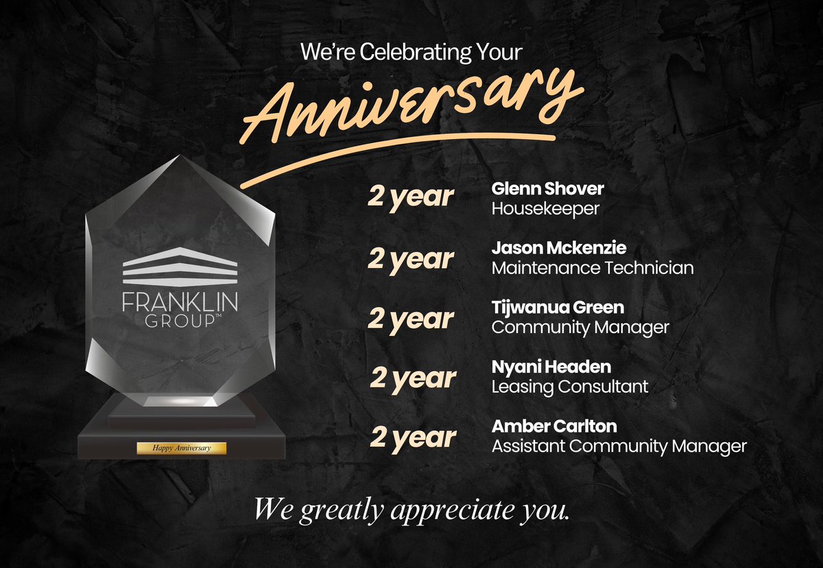 FranklinGroupVB's tweet photo. 👏👏👏 Happy Anniversary to our incredible Franklin Group team members! We truly appreciate your dedication and commitment. Stay connected! We have more amazing people to celebrate! 

- Your Home. Your Future. Our Focus.  https://t.co/DxTXPTT3Zg 

#franklingroup #apartments https://t.co/4vdyZnBXgq