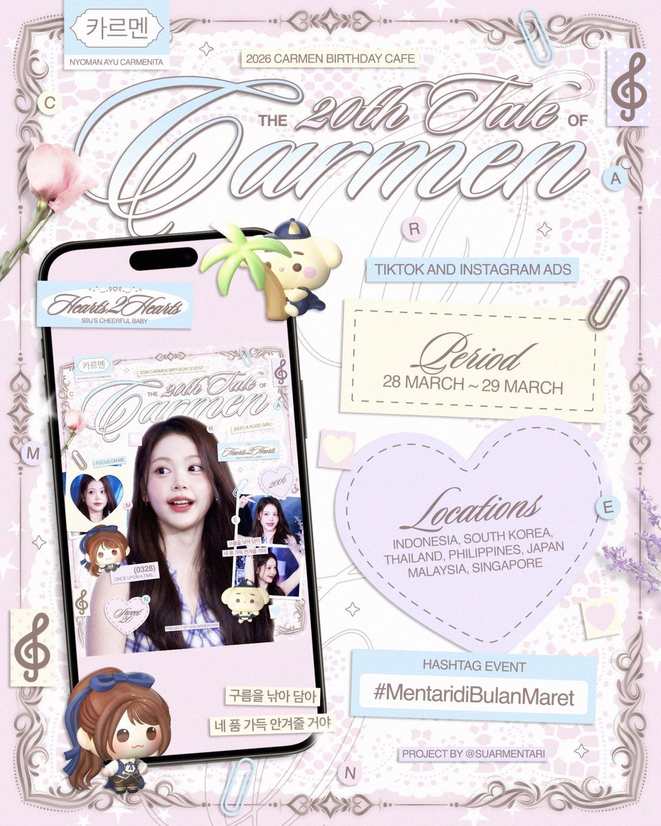 suarmentari's tweet photo. Untuk Arunikaku, 
2026 — Carmen Birthday Project

𝑻𝒉𝒆 20𝒕𝒉 𝑻𝒂𝒍𝒆 𝒐𝒇 𝑪𝒂𝒓𝒎𝒆𝒏

TikTok and Instagram Ads
📍🇮🇩🇰🇷🇯🇵🇹🇭🇵🇭🇲��🇸🇬 
🗓️ 28th March - 29th March
⁂ Feel free to tag me!

#MentaridiBulanMaret ☀️

#CARMEN #카르멘 #カルメン 
#Hearts2Hearts #하츠투하츠 https://t.co/fpzcj770Wt