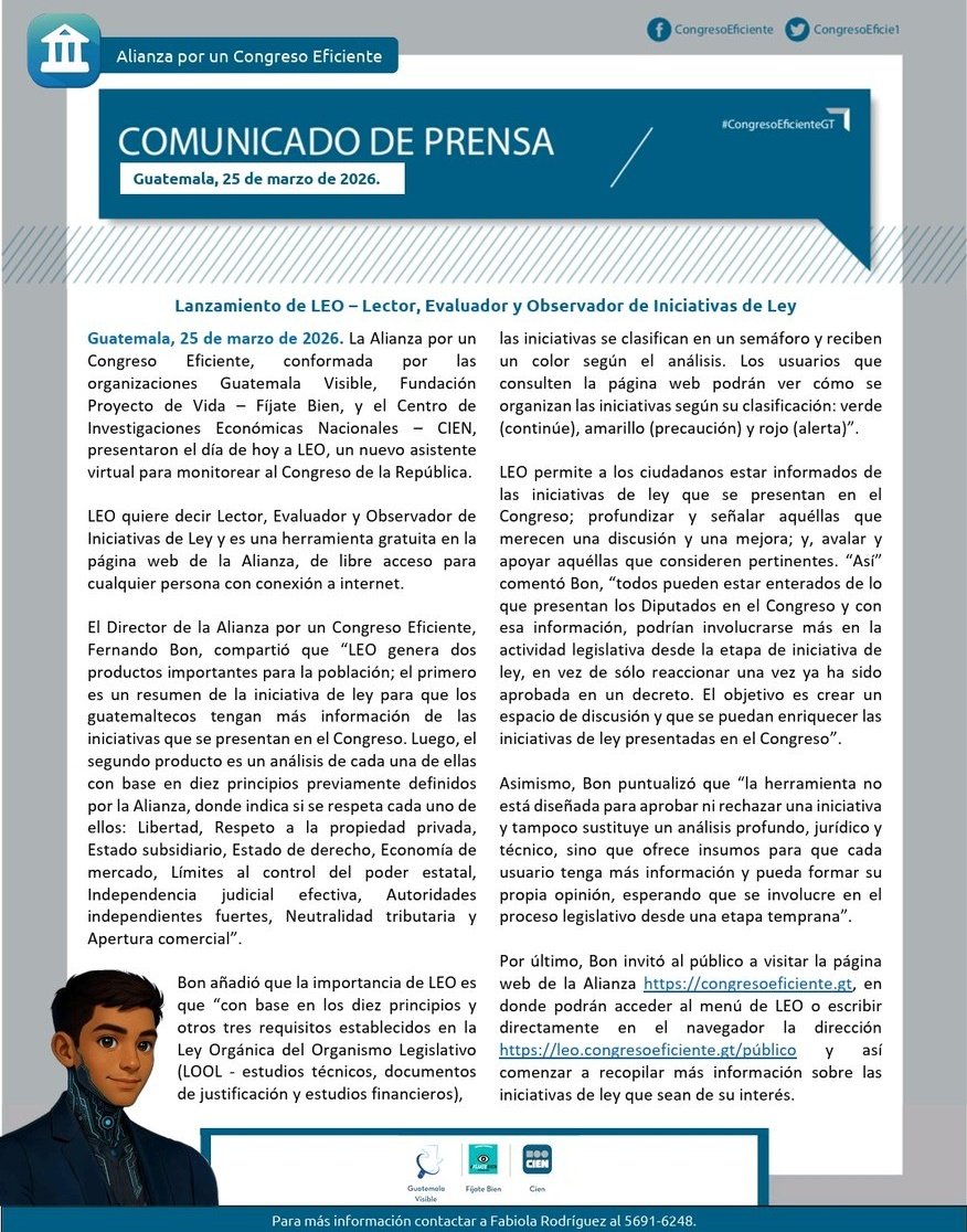 FijateBienGT's tweet image. #Leo nuevo asistente virtual de @CongresoEficie1 -resúmenes de iniciativas de ley  y análisis según los principios de la Alianza y la #LOOL
Busca la información en la página web: