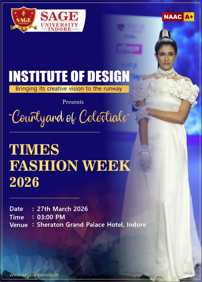 SAGE_INDORE's tweet photo. Get ready to witness creativity meet couture at Indore Times Fashion Week on 27th March 2026.
Adding grace and grandeur to the evening, our Showstopper will be Ms. Shivani Agrawal, Managing Director, The SAGE Group.
.
.
.
#timesfashionweek #suidesign #instofdesign https://t.co/eAvyUypMhn