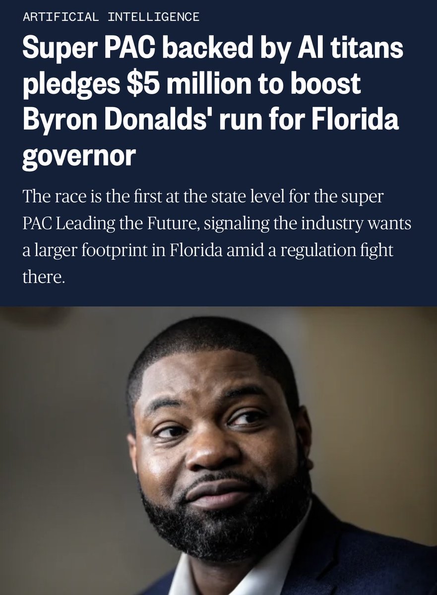 This guy will ruin our state. Florida cannot handle unbridled data center growth. It will fundamentally change Florida as we know it.

Does Byron Donalds care? No. He is too busy trying to think up ways to make money off of them. His wife, Erika (of Optima fame), is promoting