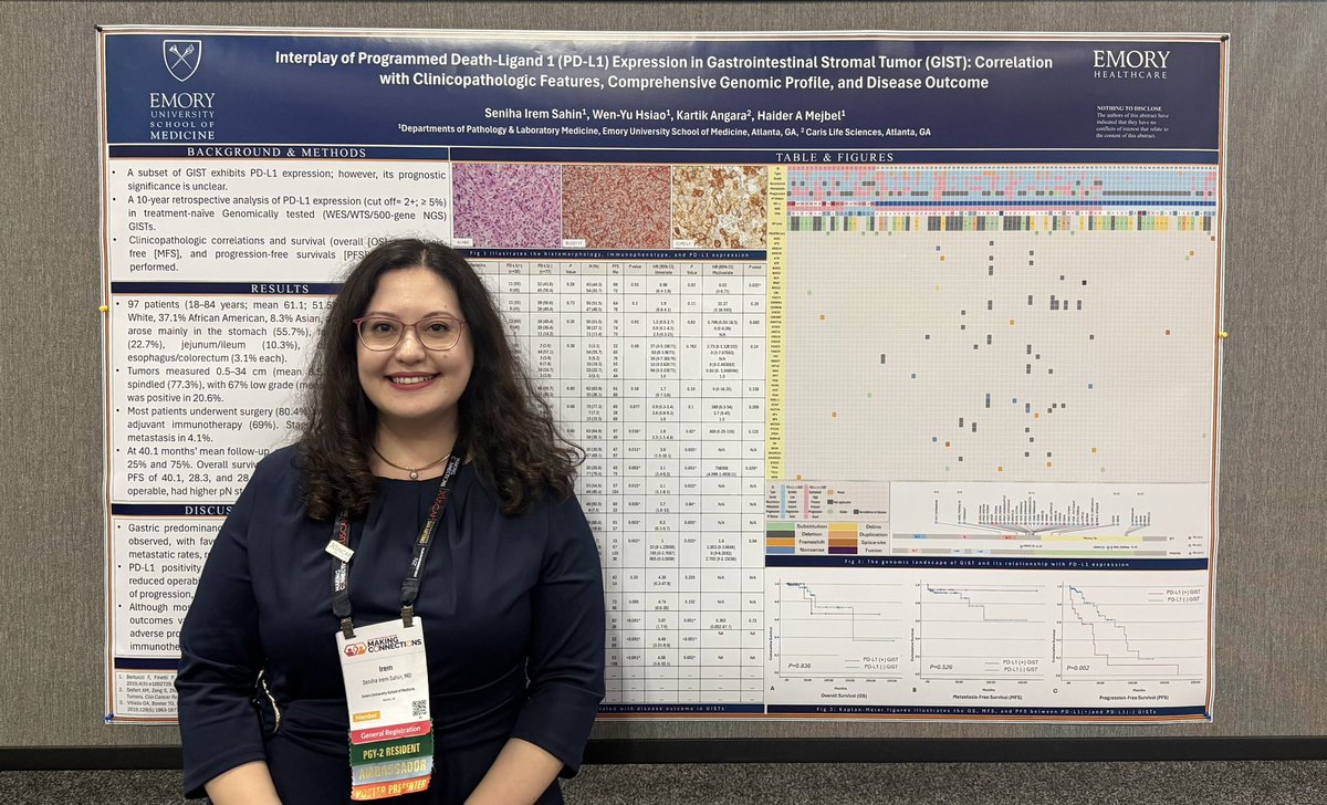 mdiremsahin's tweet photo. Wrapping up #uscap2026! Appreciate my mentors and @TheUSCAP for giving me this opportunity to present our research!🌟

1- PDL-1 positive GISTs are associated with higher nodal stage and shorter progression-free survival, representing a potential prognostic and therapeutic marker. https://t.co/NqbNr7uu97