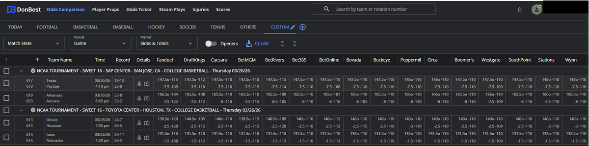 College Basketball
Sweet 16 tips off tonight!

Here's a look at how the numbers have moved from openers.

100+ Sportsbooks. Player Props. Line History.
Subscribe → go.donbest.com