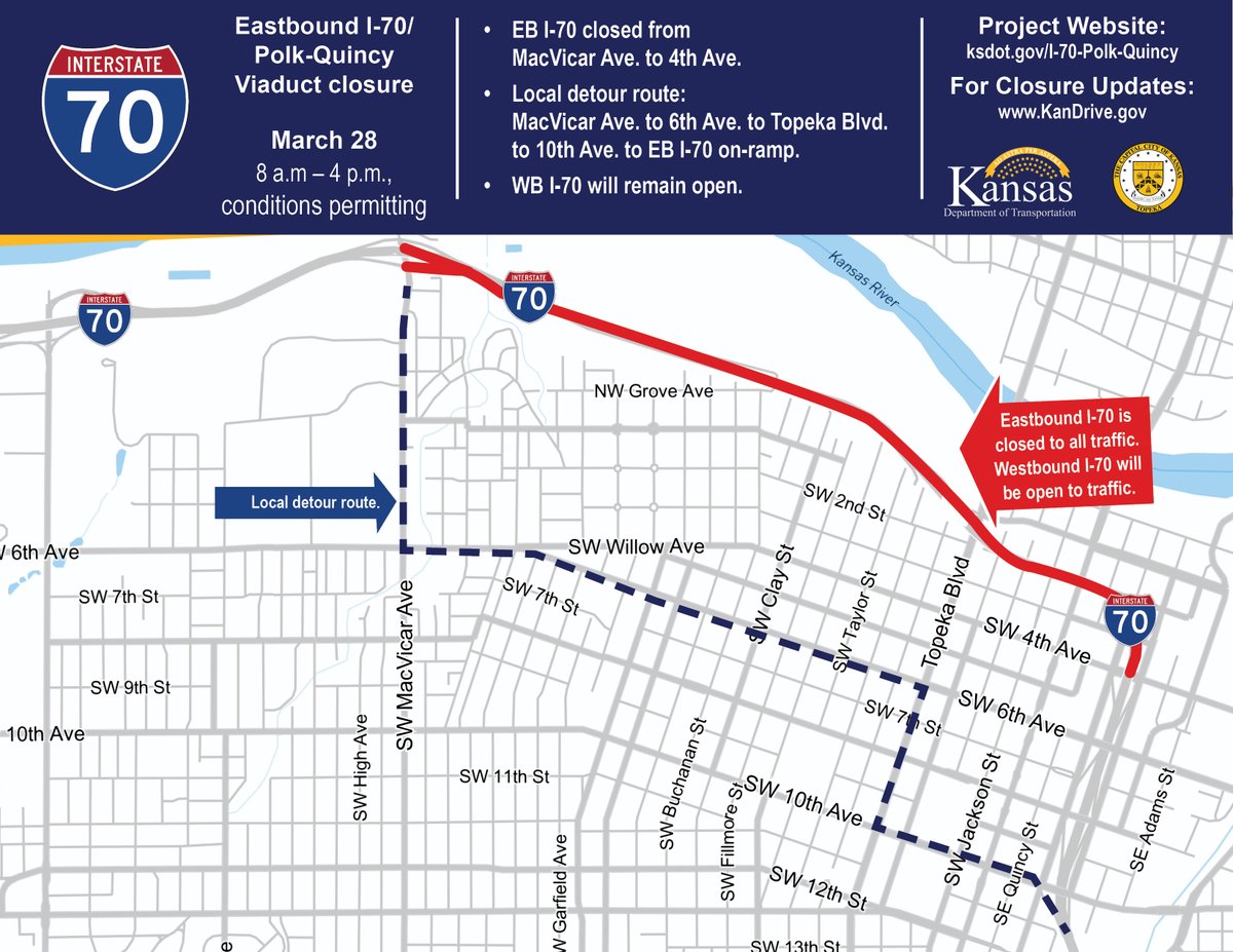 TopekaMetroKDOT's tweet photo. ⛔️I-70 CLOSURE in @cityoftopeka 
🗓️SATURDAY, March 28, 8a–4p, conditions permitting.
📍EASTBOUND I-70, MacVicar to 4th St.
⚠️PLAN AHEAD to use alternate routes.
✅https://t.co/SH2gzrUoI6 for updates.
▶ https://t.co/x2BuT2CZvT https://t.co/otVEpYHH70