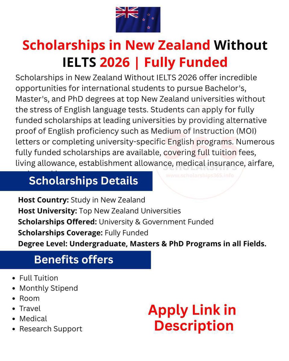 scholarship_365's tweet photo. 😊Good Luck! 🇳🇿 Fully funded scholarships in New Zealand. No IELTS required. Apply now.

Scholarships in New Zealand Without IELTS 2026 are now open for international students at top universities for world students!

What you get:
1) Full tuition fees covered
2) Monthly living allowance
3) Establishment allowance
4) Medical insurance
5) Round-trip airfare
6) Travel insurance

Degree levels: Bachelor's (4 years), Master's (2 years), PhD (3 years)

No IELTS required – Provide a Medium of Instruction (MOI) letter from your previous school instead.

No application fee
No work experience required
No bond to return home

Complete guide with all scholarships, MOI letter template, and step-by-step process below:

👉 Apply Here: https://t.co/AAXmvRzxYf

Deadlines vary by university. Apply early.

SAVE this post & SHARE with a friends & family!

#scholarships365 #scholarships_in_new_zealand #studyabroad #scholarship #scholarships