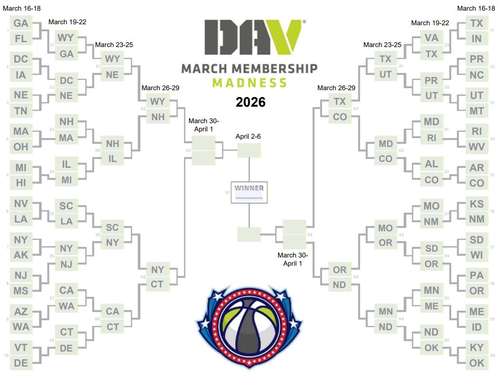 Take a look at the Elite Eight! These eight departments have gone head-to-head against others in a good old fashioned recruit-off! When you recruit new DAV members, everybody wins, so keep on recruiting, even if your team has been eliminated!

Our state departments have been hard