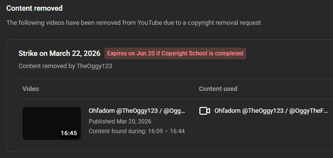PlayerGameSK's tweet photo. Back because @OggyOsbourne has now resorted to copyright claiming and taking down my video, which has also resulted in a Strike against my YouTube channel.  

I'd be fine with cutting out the clip I included at the end if she just reached out to me about it, but she didn't [1/3] https://t.co/psycrXTsi1