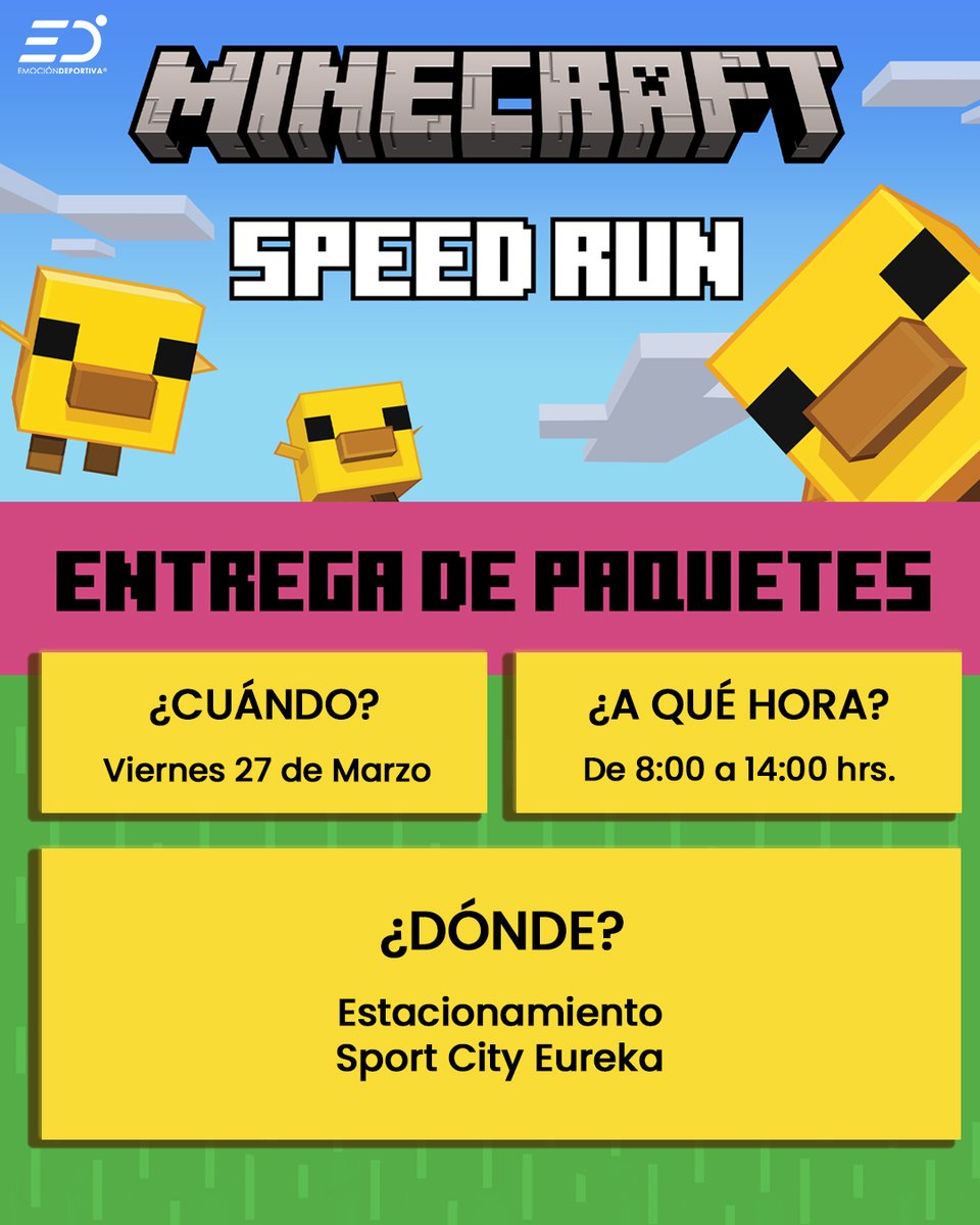 emocionD's tweet image. ⛏Te esperamos mañana en la entrega de kits de la Carrera Minecraft Speed Run⛏

🎮Viernes 27 de marzo
🎮De 8AM a 2PM
🎮Estacionamiento Sport City Eureka

¡Nos vemos en la  meta!

#MinecraftRun #Minecraft #Correconemocion #Speedrun