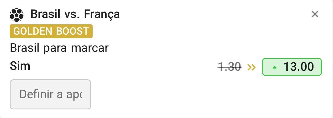 Odd 13 para o Brasil marcar diante da França.
Apenas para novas contas na Esportiva. 
Disponível pelo: bdeal.io/EsportivaBet/1…