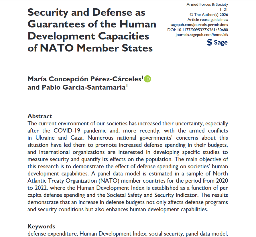 AFS_SAGE's tweet photo. Check out this new article in #OnlineFirst! Security and Defense as Guarantees of the Human Development Capacities of NATO Member States - María Concepción Pérez-Cárceles, Pablo García-Santamaría, 2026 https://t.co/Dxo0fTHIHw https://t.co/CQtg2z4mI5