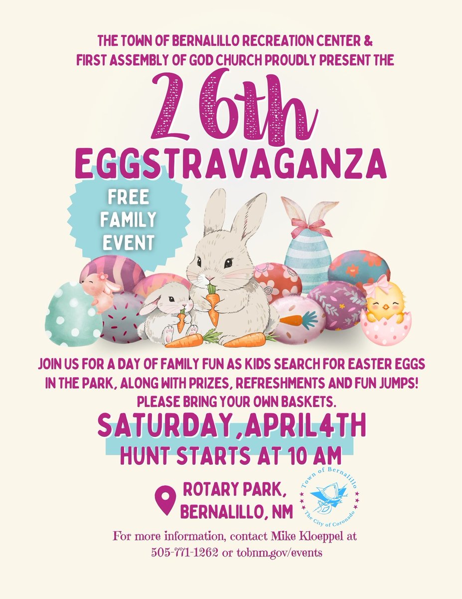 🐰 Ready for some egg-citing fun?

Join us tomorrow in Bernalillo for the 26th Annual Eggstravaganza. FREE family fun with egg hunts, prizes, refreshments, fun jumps, and more!

📅 April 4 | ⏰ 10 AM | 📍 Rotary Park

#TownOfBernalillo #Easter #SeeSandoval