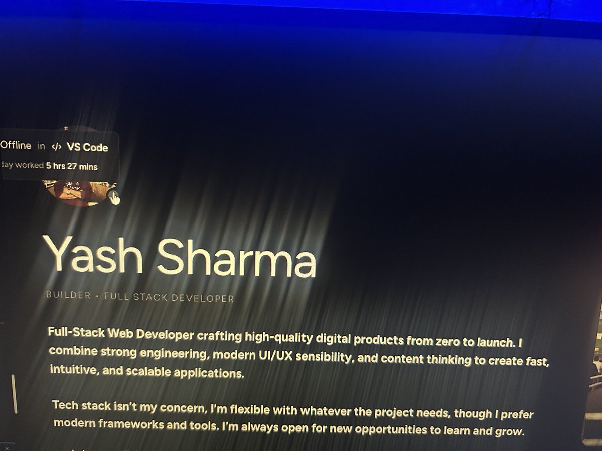 buildwithyash's tweet photo. Quite a good day. Used VS Code for more than 6 hours. Currently it's showing 5:27 on the web. Will update soon.

Did many things today. Will continue the momentum and try to complete as much as possible. https://t.co/Mpis6y3BWQ