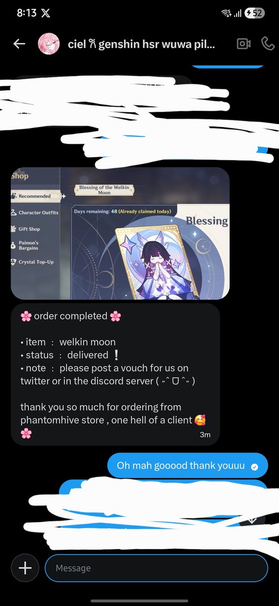 ChipitiC's tweet photo. Thank you sooo much again ciel!!!! The second photo is from my screen, me confirming the welkin! Honestly I have been very cautious with trusting anyone with my account, but ciel did give off good vibes and obviously im veryy glad i chose her services! Thanks again! 🫶🫶🫶🫶 https://t.co/L38EL7Ezy9