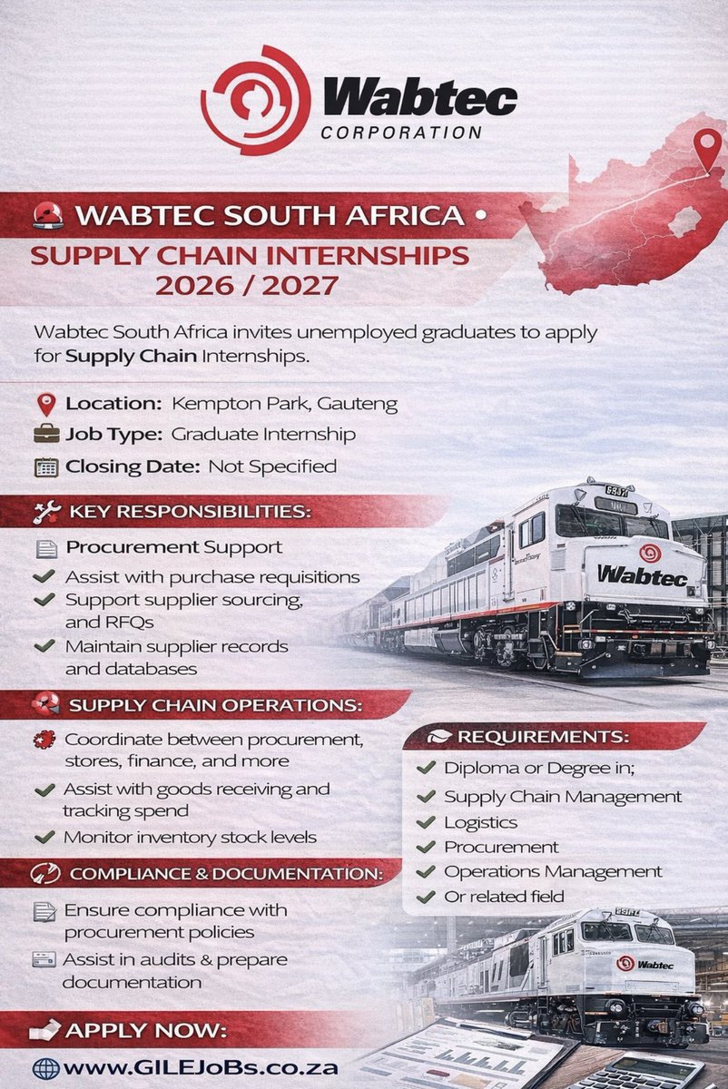 GILEJoBs_SA's tweet photo. Apply for Wabtec South Africa’s Supply Chain Internships 2026 / 2027

Visit: https://t.co/osAiJPFrun for more details and to apply.

Don’t miss out. Application deadline is not specified.

📲 WhatsApp: https://t.co/I2cX4P0mY8
📲 Facebook: https://t.co/ygeIoskL97
#Jobs #JobSeekers https://t.co/Nfh9MJCRYv