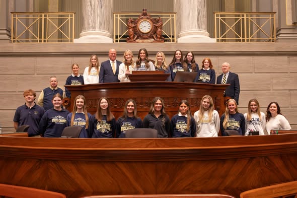 heliascatholic's tweet photo. Helias Catholic Varsity Volleyball players &amp; staff were invited to the Capitol on Feb. 26, 2026.  They were recognized on the Senate and House floors with resolutions for their state championship.  Governor Kehoe also honored them for their achievement.
#SaderShoutout https://t.co/qtLDkAI7UV