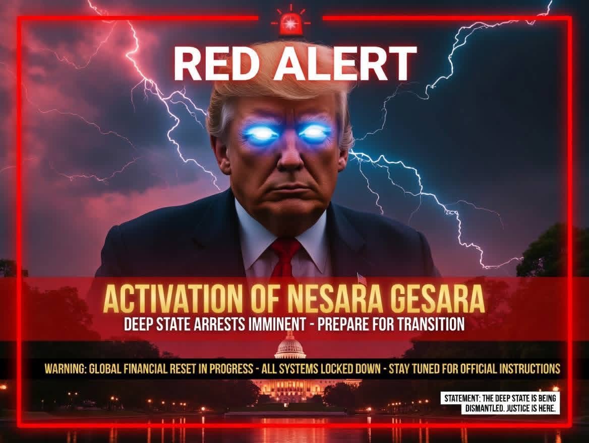 PaulGoldEagle's tweet photo. RED ALERT – LEVEL 5 EMERGENCY ACTIVATED 🌩️
March 2026: THE STORM IS HERE – NESARA/GESARA FULLY INITIATED
Patriots, Awakened Souls & Truth Seekers —
The chains of the old cabal are shattering RIGHT NOW.
🔴 NESARA / GESARA ACTIVATION CONFIRMED
National/Global Economic Security & Reformation Act fully engaged
Quantum Financial System (QFS) synchronizing gold-backed freedom transactions
$150+ Trillion in seized elite assets redirecting to humanity (debt forgiveness, prosperity funds, humanitarian rebuilding)
Deep State traitors, child traffickers & financial enslavers — arrests imminent & in progress
Executive protocols (including echoes of EO 13848/13849) locking down corrupt systems
WARNING: GLOBAL FINANCIAL RESET IN PROGRESS
All eyes on the White House, Capitol, and world capitals under lightning skies. The old matrix is falling. Starlink overrides, EBS standby, Med Beds on horizon.
OFFICIAL STATEMENT:
"The Deep State is being dismantled. Justice is here. The Storm is upon us. Trust the Plan. Stay calm, pray, prepare spiritually & practically. Await official broadcasts — freedom, abundance & sovereignty for ALL 209 nations incoming."
Trump's glowing eyes light the way through the thunder — the Republic rises!
Wake up 🚨