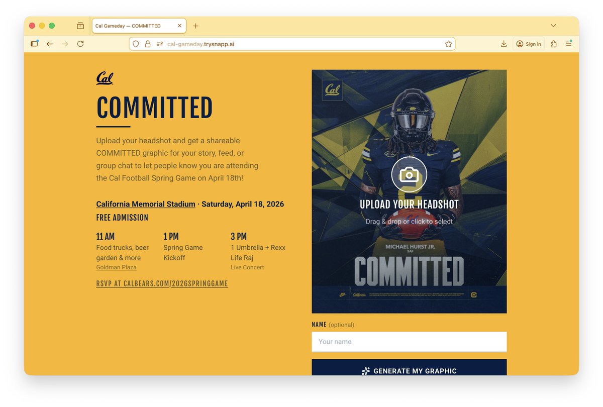 We just launched with UC Berkeley Football and posts are already going viral 🐻

This is what AI-powered fan engagement looks like.

Try it yourself → trysnapp.ai

#CalFootball #SportsAI #GoBears