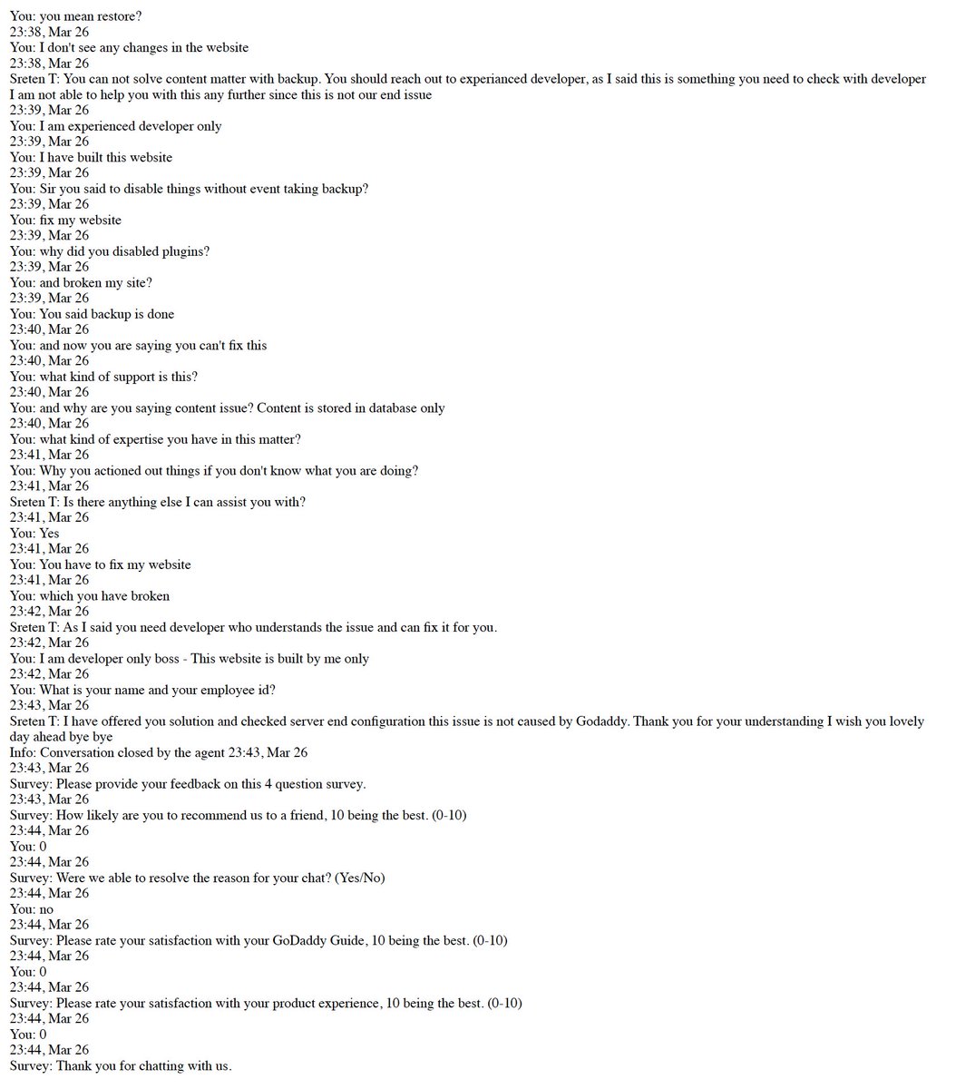 vyasamit2007's tweet image. Hey @GoDaddy @GoDaddyHelp, this is unacceptable. I contacted support for a CPU usage issue,&amp;amp; your rep managed to break my entire site and then ghosted the chat. 😡My business is offline and your "support" just made it worse. I need this escalated #GoDaddy #WebHosting #BadService
