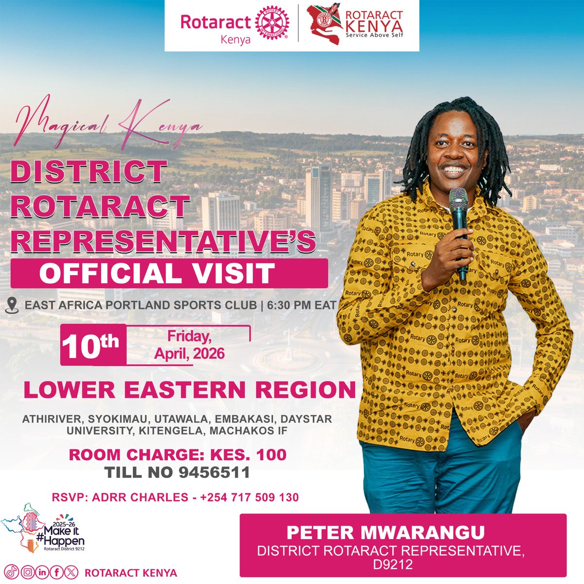 rotaract254's tweet photo. 🚨 DRR Visit Alert!
Lower Eastern Region hosts the DRR on 10th April at East Africa Portland Sports Club.
🕡 6:30 PM | 🕖 7:00 PM
Fellowship. Networking. Inspiration.
Let’s show up strong! 💙 #MakeItHappenD9212
#RotaractKenya #RotaractDistrict9212 #UniteForGood https://t.co/rqLRtlVRNI