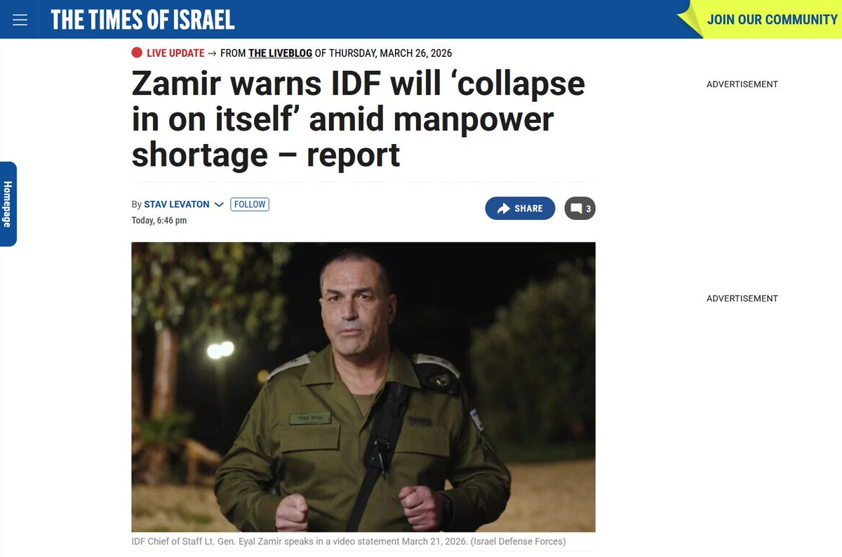 Er dreigt een tekort aan genocideplegers – Israël staat op instorten – hopelijk leidt dat tot een vreedzamere wereld...

timesofisrael.com/liveblog_entry…