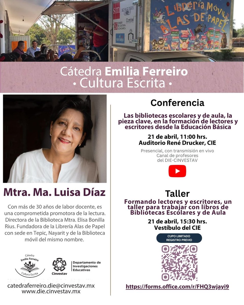 DIE_CINVESTAV's tweet photo. 📚✨ Cátedra Emilia Ferreiro – Cultura Escrita ✨📚
👩‍🏫 Ponente: Mtra. Ma. Luisa Díaz
⚠️ Cupo limitado | Registro previo obligatorio
🔗 https://t.co/cS5OTXZbGJ
📩 Informes: catedraferreiro.die@cinvestav.mx
Página web: https://t.co/nu6iJSOtBC https://t.co/FMDrf6KJPx