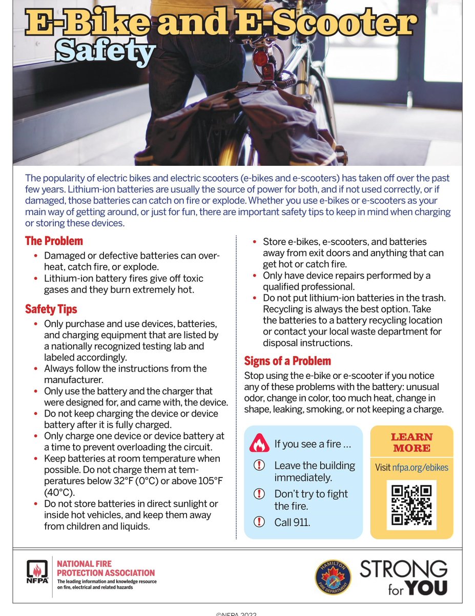 HamiltonFireDep's tweet image. Hey #HamOnt, if you own a #LithiumIonBattery powered ebike or escooter 🛵, PLEASE:
✅ read and follow manufacturer’s instructions
✅ unplug charger once charging is complete
✅ charge batteries while you are awake
✅ use the manufacturer approved charger
#FireSafety #StrongForYou