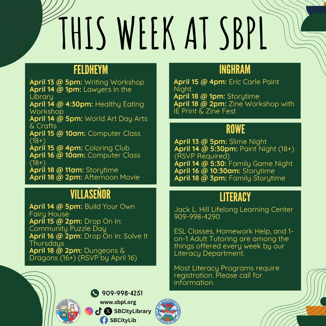 SBCityLibrary's tweet photo. It's that time again! Take a look at what we've got coming up and plan your week with us! #SBPL #Library #SanBernardino #InlandEmpire #WeeklySchedule https://t.co/9ynNGKR5k6