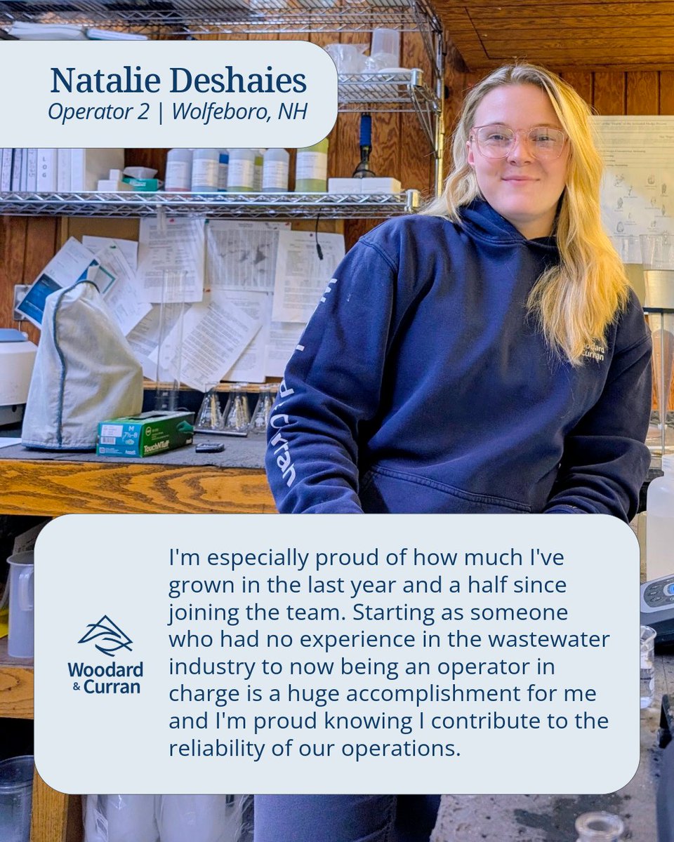 woodardcurran's tweet image. Behind every tap &amp;amp; every flush is a dedicated team of #cleanwater operators working around the clock. Natalie Deshaies, Operator 2 at our Wolfeboro, NH WWTF, is one of those professionals keeping her community healthy! bit.ly/41ElOYy #WorkForWater #FutureOfWater