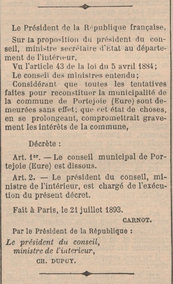 PortedeSeine's tweet photo. 🗳️ Dissolution du conseil municipal par décret : aucun conseiller de Portejoie n'a accepté la fonction de maire ni d'adjoint... de 1892 à 1893 ! 
https://t.co/wLC6vLyrHI
En 2026, on est plus raisonnable : le maire @brun_jph a été réélu à l'unanimité, ses deux adjoints aussi👏 https://t.co/HJ5HqtKwVm