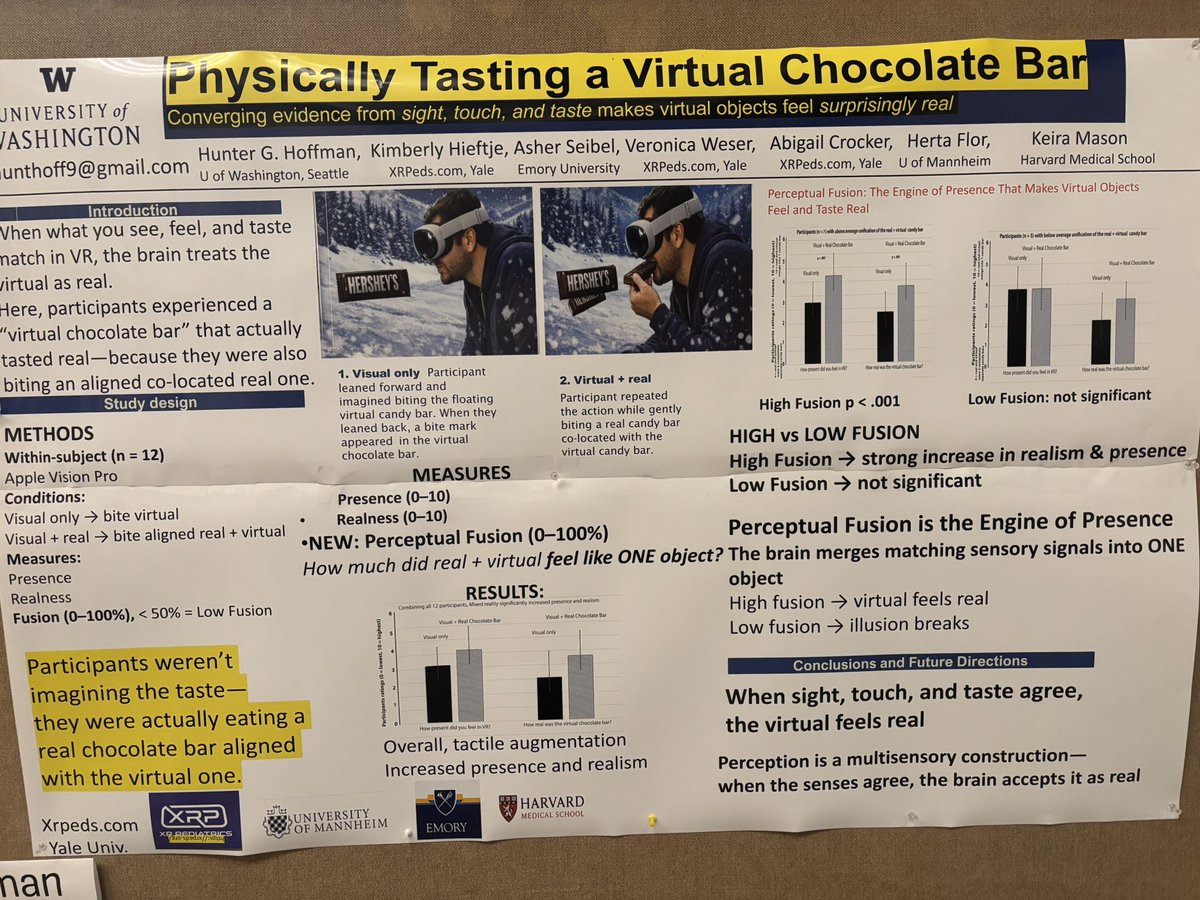 BrennanSpiegel's tweet photo. At #vMed26 we’re not just seeing the future of medicine, we’re tasting it 🍫😄

This poster shows how aligning sight, touch, and taste can make a virtual chocolate bar feel real. 

It’s one of 40 highly creative projects in this year’s poster session at Virtual Medicine ‘26 https://t.co/5CHOuBAwPo