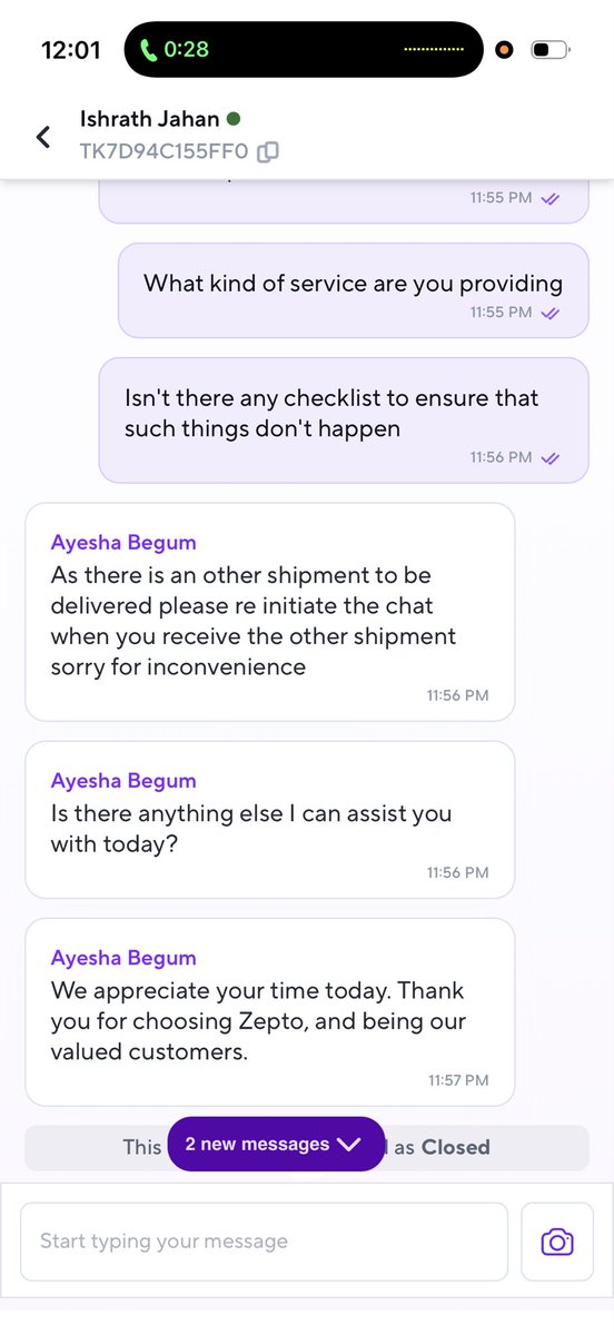 harsh_tank007's tweet photo. @ZeptoNow 

Is this the kind of customer service you are giving, the customer executive is not even asking my consent and ending my chat without resolving my concern https://t.co/5U6E93RJZE