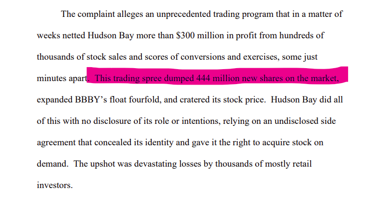 No one in the $BBBYQ crowd is covering the estate's appeal of its loss in the HBC case, since it makes things look bad for their kooky "theories." But for the appeal, the Butterfly estate really leaned hard into "HBC diluted the hell out of the stock and screwed investors."