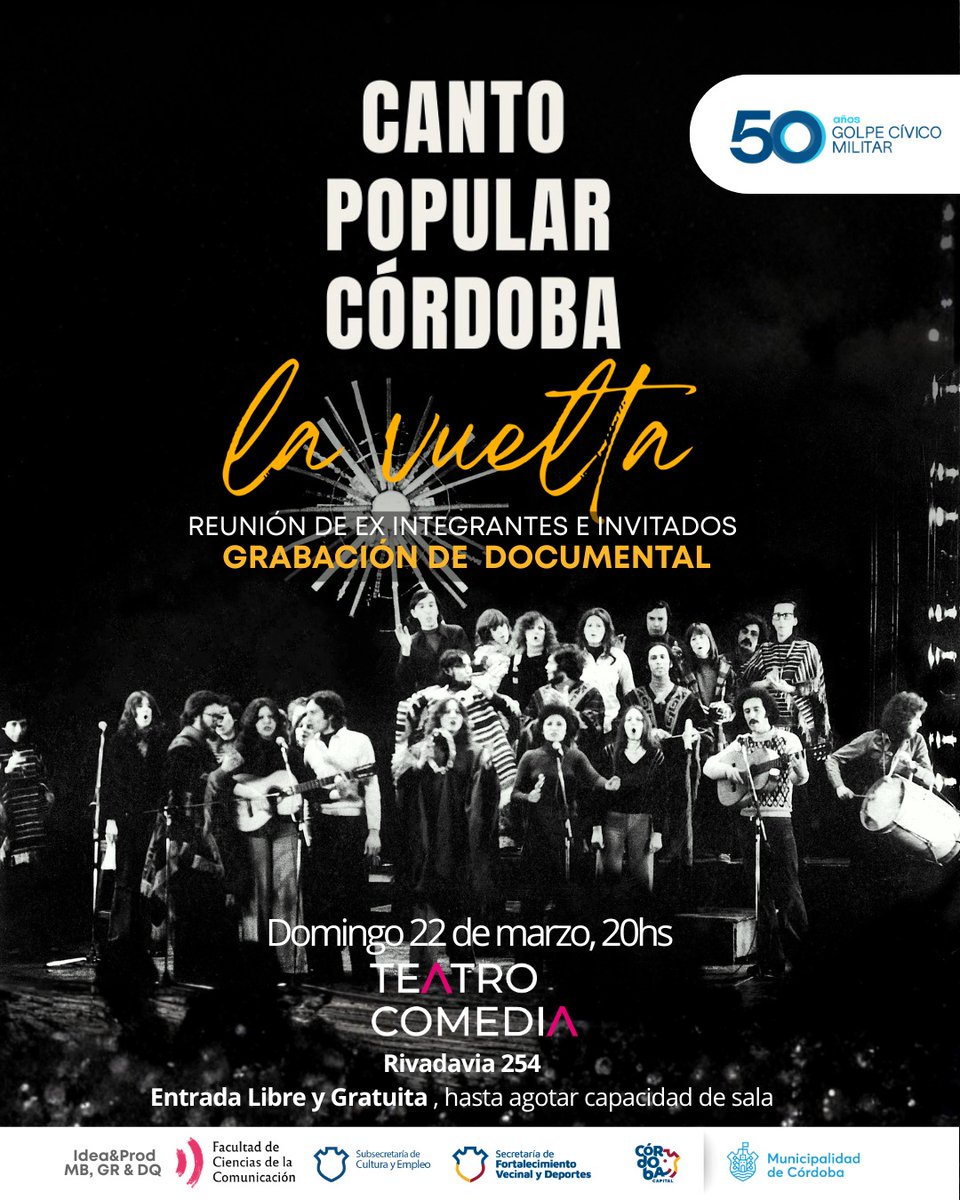 diegoquiroga33's tweet photo. Canto Popular Córdoba, La Vuelta

Idea y prod. gral: Mauro Beccaria, Guillermo Ruibal y Diego Quiroga.

Un recital que revive una historia cultural ligada a nuestro pueblo, proyectando su legado hacia las nuevas generaciones.

Apoyan
Dir. de Der. Humanos @MuniCba 
@FCCUNC https://t.co/2fTMOwk1QP