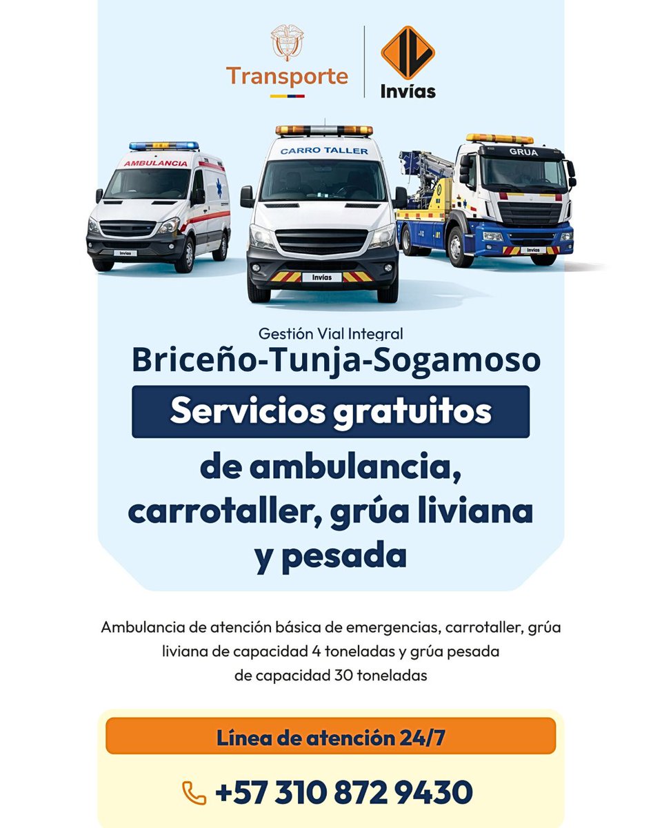 MinTransporteCo's tweet image. 🚧 #Boyacá | En la vía Briceño – Tunja – Sogamoso te acompañamos en Semana Santa 🚑

👷 Ambulancia, grúas y carro taller disponibles 24/7 para atender emergencias en la vía.

🧡 Viaja con tranquilidad, estamos contigo en cada trayecto.