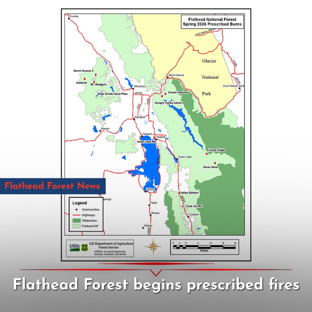HagadoneNewsNet's tweet image. Prescribed burns are planned across Flathead National Forest this spring, with operations potentially lasting through June.

Residents may see smoke in multiple areas.

Read the full story at Hagadone News Network

#Montana #Flathead #WildfirePrevention #LocalNews