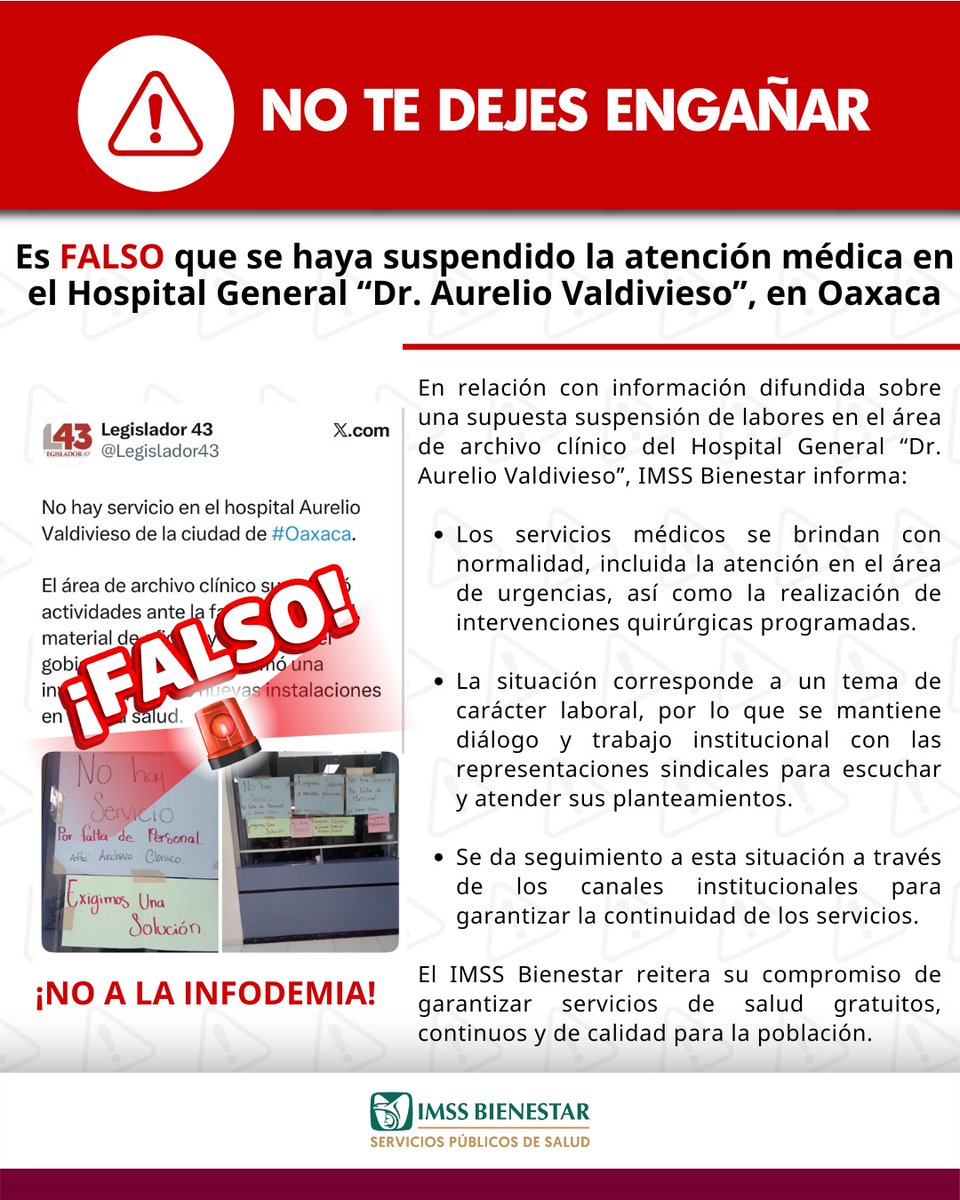 IMSS_Bienestar's tweet photo. 🚫📢 No te dejes engañar

Es FALSO que se haya suspendido la atención médica en el Hospital General "Dr. Aurelio Valdivieso", en #Oaxaca https://t.co/YsWPfYzXy6