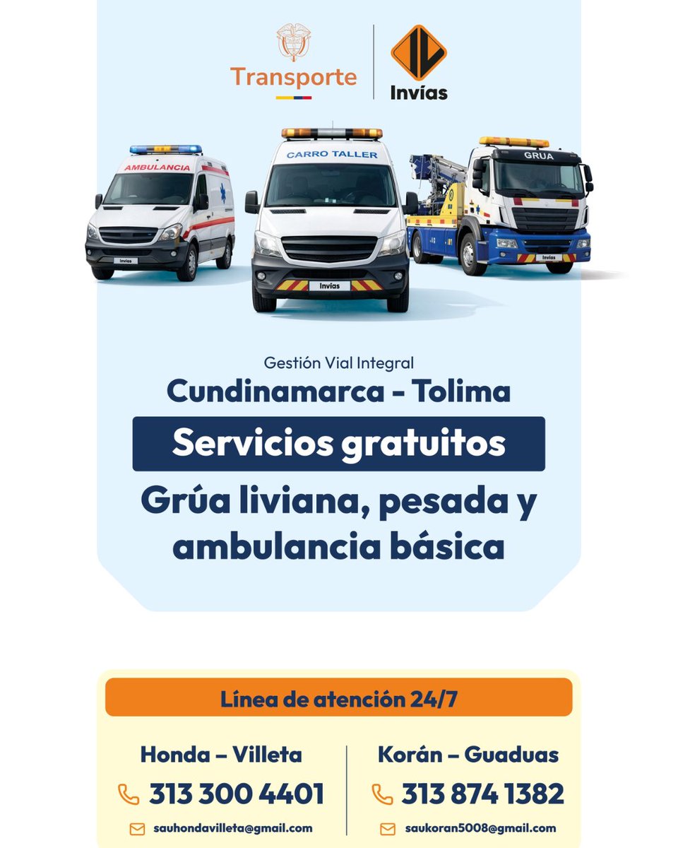 MinTransporteCo's tweet image. 🚧 #Cundinamarca #Tolima | En el corredor Cundinamarca – Tolima te acompañamos en Semana Santa 🚑🚜

👷 Ambulancia y grúas disponibles 24/7 para atender emergencias en la vía.

🧡 Viaja con tranquilidad, estamos contigo en cada trayecto.