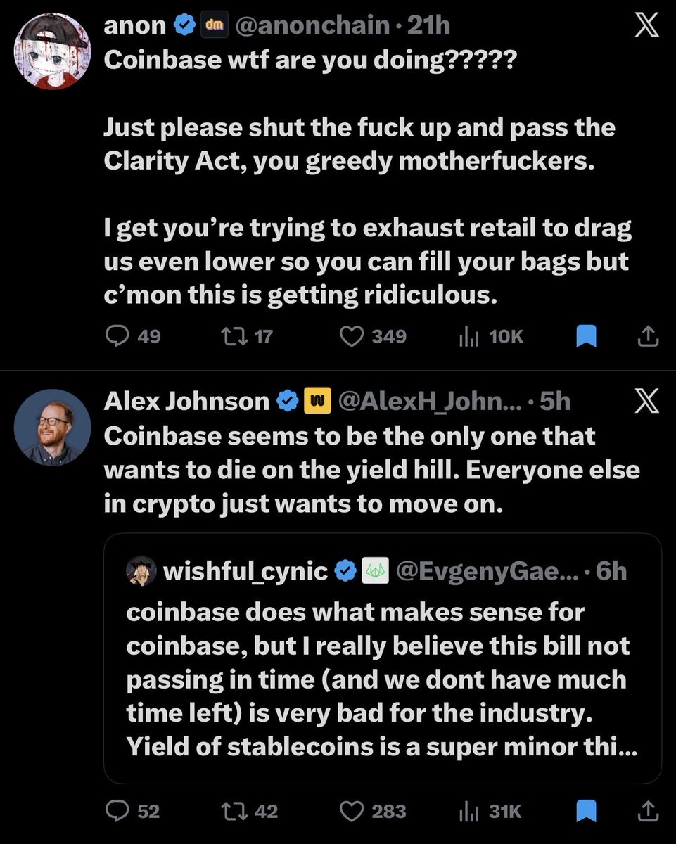 VALELORDX's tweet photo. Look what I started ever since my video going crazy about @brian_armstrong and his clown ass bitching about YEILD when the whole space must wants crypto structure to be passed for PARABOLIC CRYPTO GAINS. https://t.co/1e9nSfqQe5