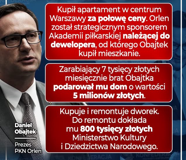 Obajtek mimo obniżki VAT utrzynywał paliwo o 23% za drogie!

Pamiętamy sylwester cudów, 1 stycznia paliwo z 23% VAT kosztowało tyle samo co 31 grudnia be z VAT!

Obajtek kupił sobie 20 „dworków” za takie przekręty, n grabiąc Polaków!