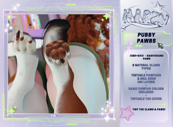 MarzySLStore's tweet photo. NEW DROP ✧

Spikes, stares &amp; pawbs… oh my.

pick your poison, 
save your lindens with 5% off inworld ✧
-
🌌 Marketplace → https://t.co/qdjdWgQeks
🪐Inworld → https://t.co/nUYuVJpqLl
-
#SecondLife #SLRelease #SLMods #VirtualFashion #SLFurry https://t.co/o2l1y3Tyyl