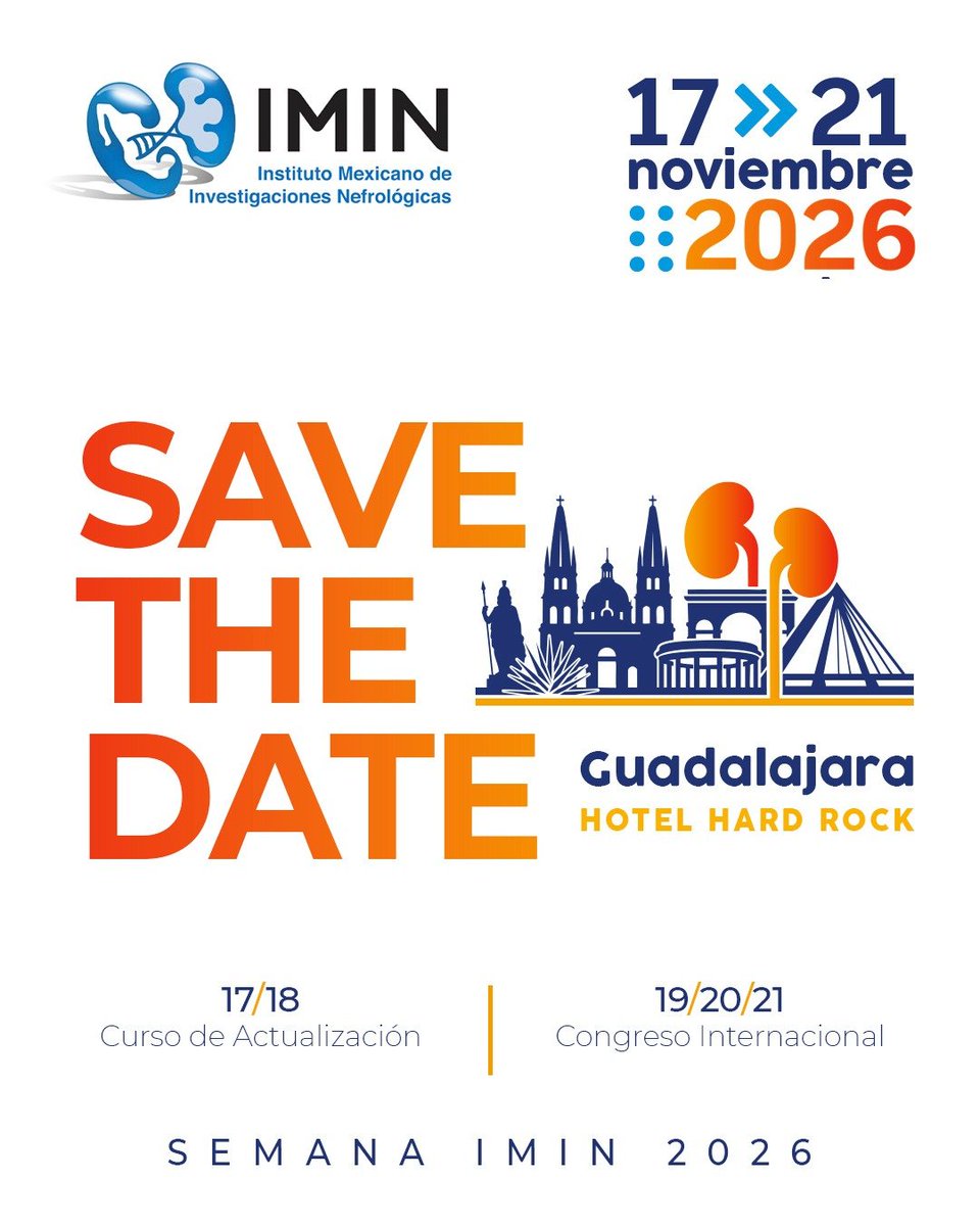 IMINmx's tweet image. 📌 Save the Date

🩺 El Instituto Mexicano de Investigaciones Nefrológicas se prepara para celebrar un nuevo encuentro académico que reafirma su compromiso con la educación continua y el fortalecimiento de la nefrología en México.

#IMIN #IMIN2026 #SemanaIMIN2026 #SomosIMIN