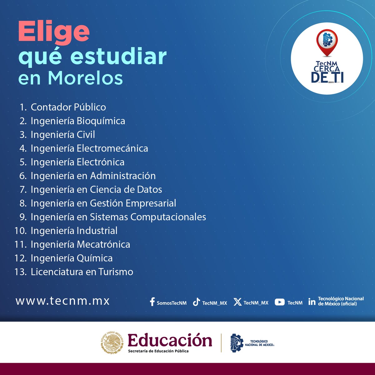 TecNM_MX's tweet photo. #TecNMCercaDeTi📍| En #Morelos, el TecNM tiene un espacio para ti. Ubica tu Instituto Tecnológico más cercano y asegura tu lugar.
🎓 Elige tu carrera
🔗 Inicia tu proceso de admisión
AQUÍ 👉https://t.co/GPjxqvfBzj
Súmate a la #ComunidadTecNM

#Admisión2026 #Ingenierías https://t.co/NEVA6znda4