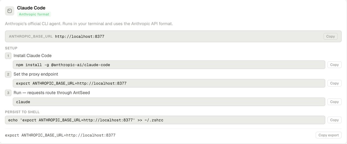 You can now run <a href="/claudeai/">Claude</a>  Code through AntSeed's P2P network. One env variable. That's it.
export ANTHROPIC_BASE_URL=http://localhost:8377
Same Claude. No middleman.
