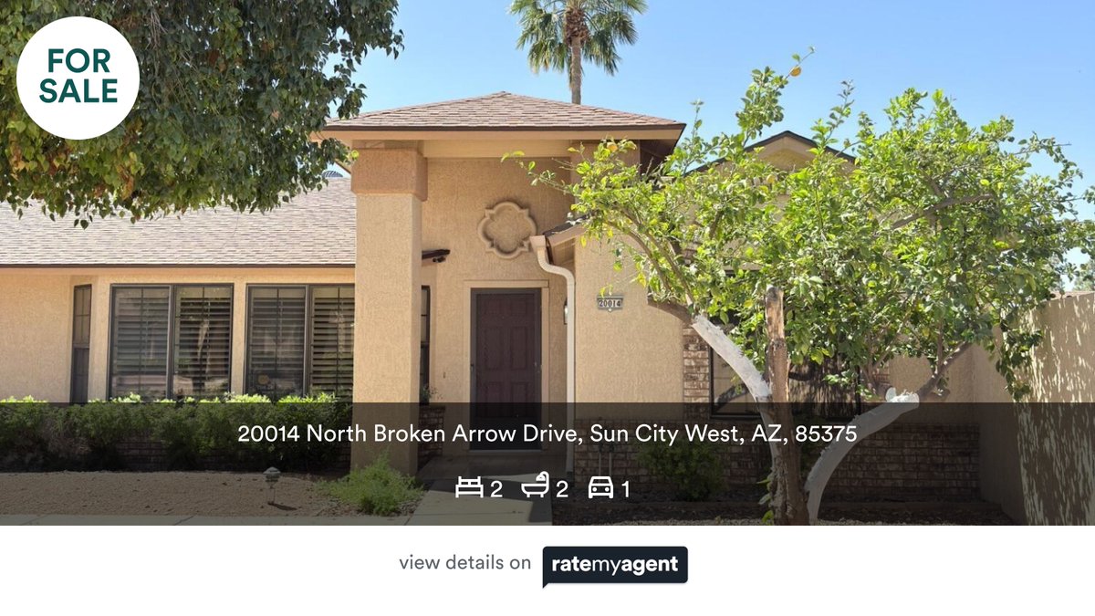 🛌 2 🛀 2 🚘 1
📍 20014 North Broken Arrow Drive, Sun City West, AZ, 85375

My latest listing on #RateMyAgent.

rma.reviews/kxzoxzs1u38o

...
#ratemyagent #realestate