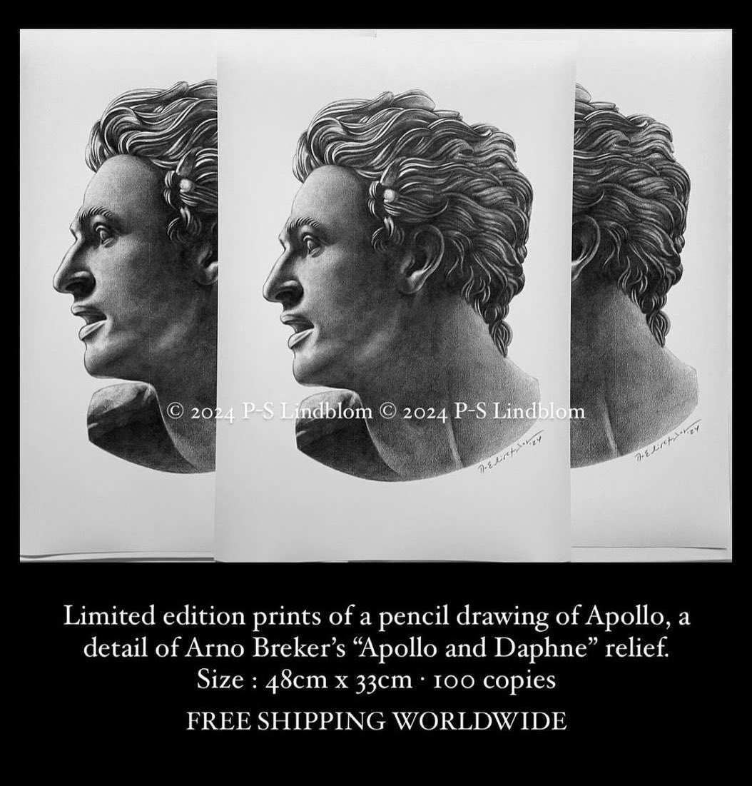Limited edition prints of a pencil drawing of Apollo, a detail of Arno Breker’s “Apollo and Daphne” relief, 1940. 

48cm x 33cm, 100 copies, FREE SHIPPING WORLDWIDE

© 2024 P-S Lindblom

DM for more details

pericleslindblom.com/artworks/apoll…