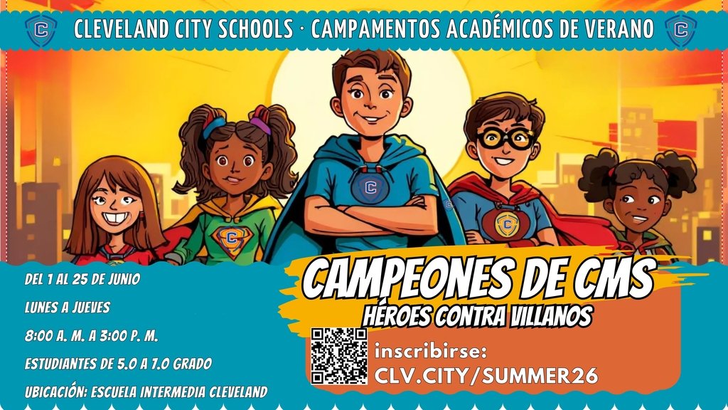 Summer Academic Camps are coming to Cleveland City Schools ☀️📚
Fun, engaging learning for rising 1st–8th graders with STEM, games, and more.

June 1–25 | No cost | Meals and transportation included

Learn more or contact amoss@clevelandschools.org