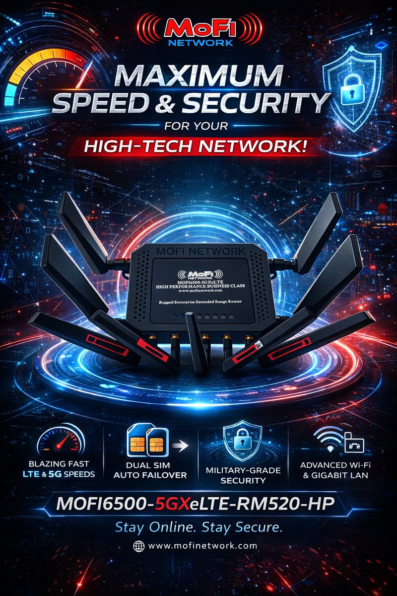 MoFiNetwork's tweet photo. Power your business with maximum speed and uncompromising security.
The MOFI6500-5GXeLTE-RM520-HP is built for enterprises that can’t afford downtime—featuring dual SIM failover, blazing-fast LTE/5G, and advanced network protection.
Stay connected. Stay secure. Stay ahead.

#Networking #5G #EnterpriseIT #CyberSecurity #BusinessContinuity #MoFiNetwork